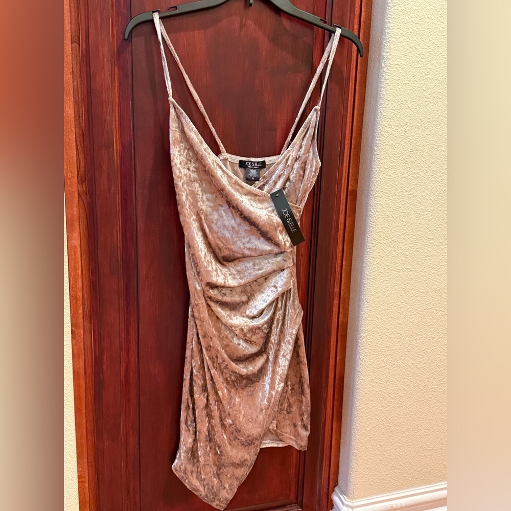Champagne Velvet Slip Mini Dress Cowl Neck Spaghetti Strap